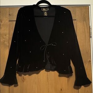 VTG Black velvet Waist jacket Womens 12 Black Ruffles Rhinestones Festive Dressy